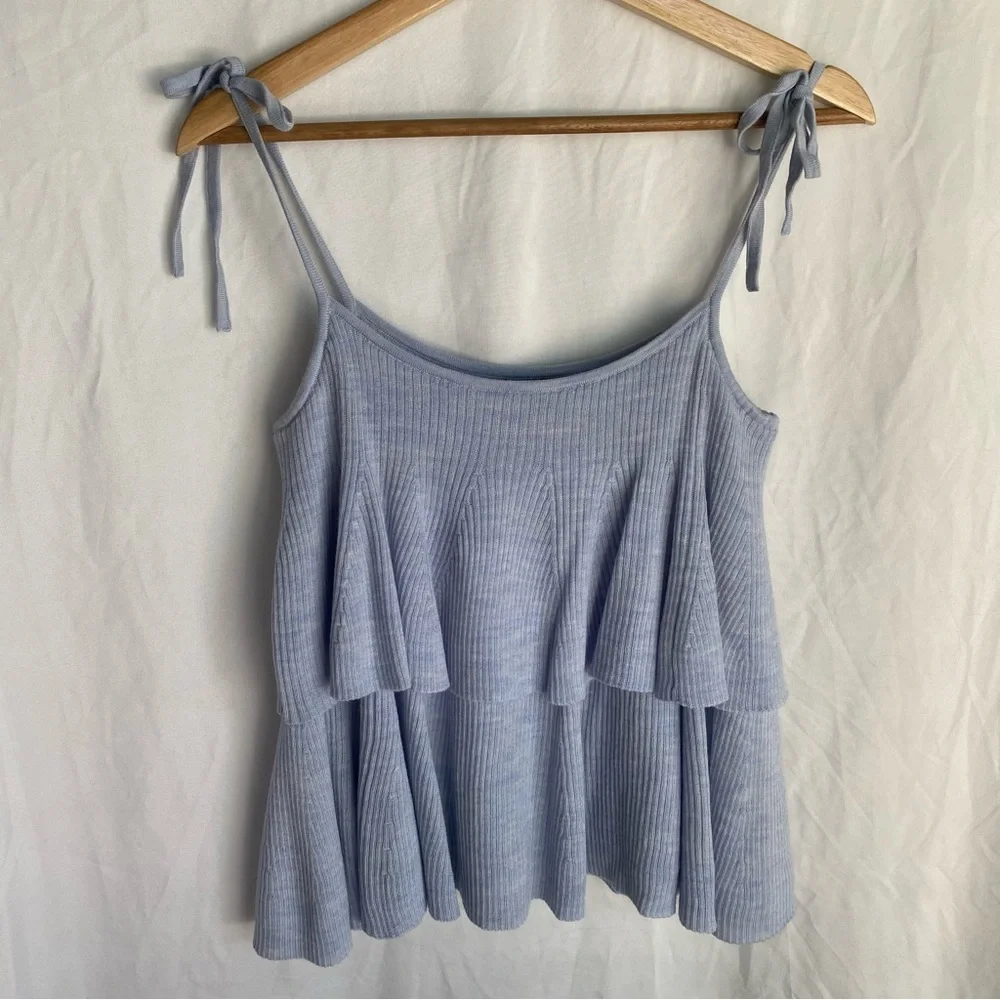 J. Crew Blue 100% Merino Wool Knit Ruffle Top Size Small Tie Straps